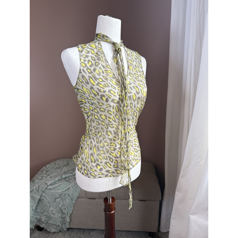 Theory Silk Leopard Print Tie Neck Blouse Size P Sleeveless Sheer Top